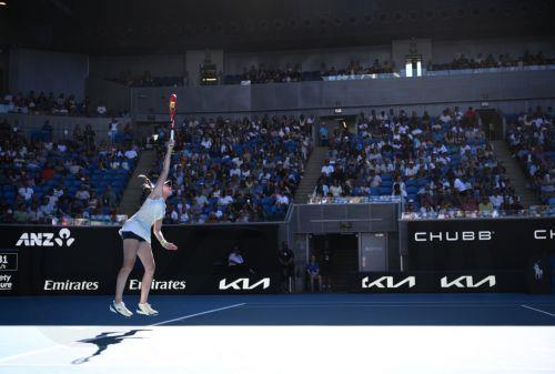 epa12681858 Elena Rybakina of Kazakhstan serves during the Women’s 4th round match against Elise Mertens of Belgium on day 9 of the 2026 Australian Open tennis tournament at Melbourne Park in Melbourne, Australia, 26 January 2026.  EPA/JOEL CARRETT AUSTRALIA AND NEW ZEALAND OUT
