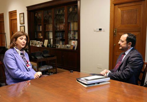 Ο Πρόεδρος της Δημοκρατίας κ. Νίκος Χριστοδουλίδης δέχεται την προσωπική απεσταλμένη του Γενικού Γραμματέα των Ηνωμένων Εθνών για το Κυπριακό κα Μαρία Άνχελα Ολγκίν Κουεγιάρ, στο Προεδρικό Μέγαρο στην Λευκωσία 27 Ιανουαρίου 2026. ΚΥΠΕ/ΚΑΤΙΑ ΧΡΙΣΤΟΔΟΥΛΟΥ