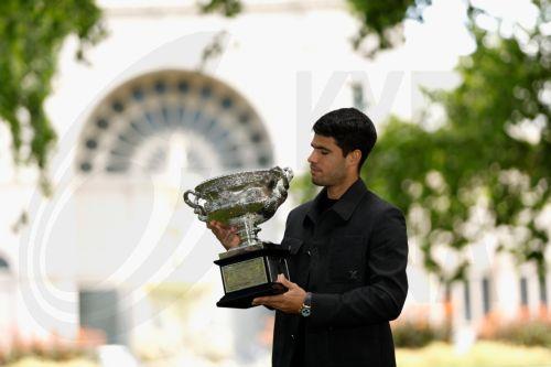 epa12699228 Carlos Alcaraz poses for a photograph after winning the AO 2026 men’s singles final against Novak Djokovic at the Royal Exhibition Building in Melbourne, Australia, 02 February 2026.  EPA/ROB PREZIOSO AUSTRALIA AND NEW ZEALAND OUT