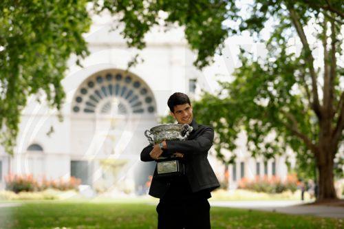 epa12699231 Carlos Alcaraz poses for a photograph after winning the AO 2026 men’s singles final against Novak Djokovic at the Royal Exhibition Building in Melbourne, Australia, 02 February 2026.  EPA/ROB PREZIOSO AUSTRALIA AND NEW ZEALAND OUT