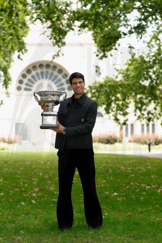 epa12699235 Carlos Alcaraz poses for a photograph after winning the AO 2026 men’s singles final against Novak Djokovic at the Royal Exhibition Building in Melbourne, Australia, 02 February 2026.  EPA/ROB PREZIOSO AUSTRALIA AND NEW ZEALAND OUT