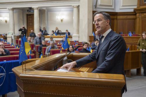 epa12702051 North Atlantic Treaty Organization (NATO) Secretary General Mark Rutte addresses lawmakers in the Ukrainian Parliament in Kyiv, Ukraine, 03 February 2026, amid the Russian invasion.  EPA/ANDRII NESTERENKO