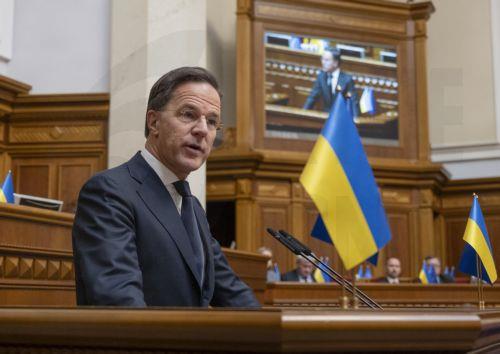 epa12702054 North Atlantic Treaty Organization (NATO) Secretary General Mark Rutte addresses lawmakers in the Ukrainian Parliament in Kyiv, Ukraine, 03 February 2026, amid the Russian invasion.  EPA/ANDRII NESTERENKO