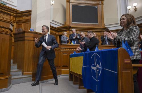 epa12702055 North Atlantic Treaty Organization (NATO) Secretary General Mark Rutte addresses lawmakers in the Ukrainian Parliament in Kyiv, Ukraine, 03 February 2026, amid the Russian invasion.  EPA/ANDRII NESTERENKO