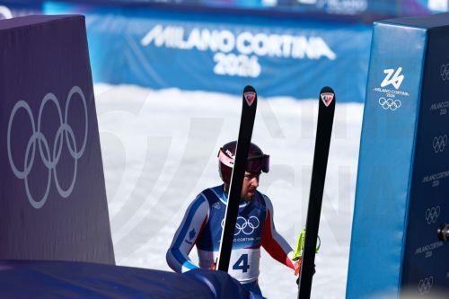 epa12711826 Maxence Muzaton of France reacts in the finish area after his run in the Men's Downhill of the Alpine Skiing competition, at the Milano Cortina 2026 Winter Olympic Games, Stelvio ski centre in Bormio, Italy, 07 February 2026.  EPA/ANNA SZILAGYI