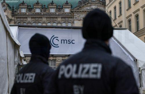 epa12731192 Policemen stand in front of the hotel 'Bayerischer Hof', the venue of the 62nd Munich Security Conference (MSC), in Munich, Germany, 12 February 2026. The 62nd Munich Security Conference, running from 13 to 15 February 2026, is expected to host around 50 world leaders.  EPA/RONALD WITTEK