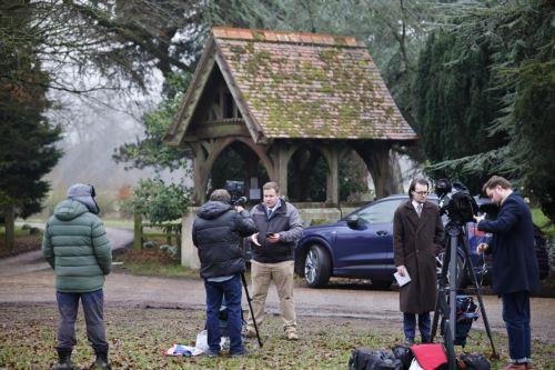 epa12757576 Members of the media outside Wood Farm where Andrew Mountbatten-Windsor (formerly  Prince Andrew, the Duke of York) was arrested in Sandringham, Norfolk, Britain, 19 February 2026. Mountbatten-Windsor was arrested on the morning of the 19 February by Thames Valley Police who stated the arrest was made 'on suspicion of misconduct in public...