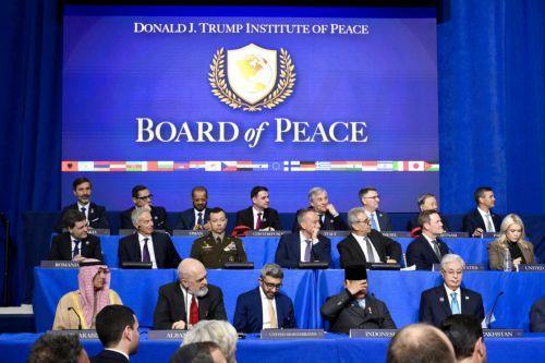 epa12758400 Italian Foreign Minister Antonio Tajani (4-R back) participates in the Board of Peace meeting at the Donald J. Trump US Institute of Peace in Washington, USA, 19 February 2026. Established by Donald Trump and led by the government of the United States, the Board of Peace (BoP) is a body tasked with overseeing the processes of the Gaza peace...