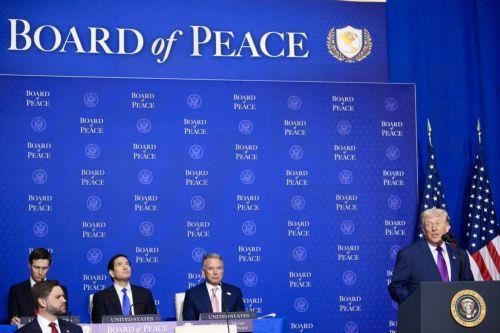 epa12758409 US President Donald Trump (R) speaks during the Board of Peace meeting at the Donald J. Trump U.S. Institute of Peace in Washington, USA, 19 February 2026. Established by Donald Trump and led by the government of the United States, the Board of Peace (BoP) is a body tasked with overseeing the processes of the Gaza peace plan.  EPA/ALESSANDRO DI...