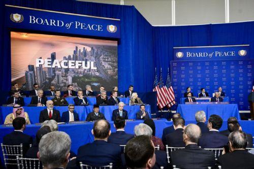 epa12758455 The Gaza reconstruction plan is shown on a screen during the Board of Peace meeting at the Donald J. Trump U.S. Institute of Peace in Washington, USA, 19 February 2026. Established by Donald Trump and led by the government of the United States, the Board of Peace (BoP) is a body tasked with overseeing the processes of the Gaza peace plan. ...