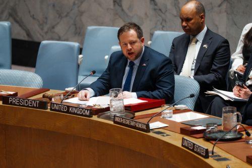 epa12774564 Stephen Doughty, Britain's Minister of State for Europe, North America and Overseas Territories, (C) wears a Britain-Ukraine solidarity pin as he speaks during a United Nations (UN) Security Council meeting on peace and security marking the fourth anniversary of Russia's full-scale invasion in New York, New York, USA, 24 February 2026. Four...