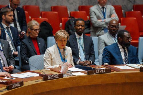 epa12774566 Minister of Foreign Affairs of Latvia Baiba Braze speaks during a United Nations (UN) Security Council meeting on peace and security marking the fourth anniversary of Russia's full-scale invasion in New York, New York, USA, 24 February 2026. Four years of war have left hundreds of thousands dead, displaced more than six million Ukrainians and...
