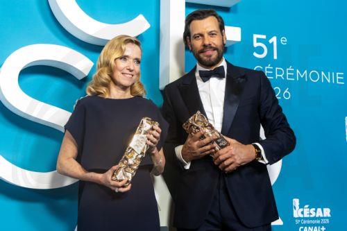 epa12780324 Lea Drucker (L) winner of the Best Actress Award for 'Dossier 137' , poses with Laurent Lafitte winner of the Best Actor Award for 'La Femme la plus riche du monde' in the press room during the 51st annual Cesar awards ceremony held at the Olympia concert hall in Paris, France, 26 February 2026. The awards are presented by the French 'Academie...
