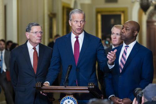 epa12793066 Republican Senate Majority Leader John Thune (C)  speaks before being briefed by Trump officials about the conflict in Iran about at the US Capitol in Washington, DC, USA, 03 March 2026. Iran is warning of an escalated conflict in response to a joint US-Israeli military campaign that began 28 February.  EPA/JIM LO SCALZO