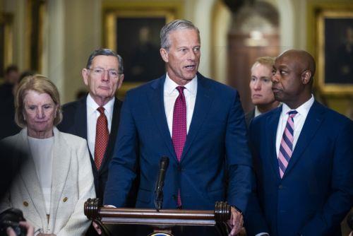 epa12793069 Republican Senate Majority Leader John Thune (C)  speaks before being briefed by Trump officials about the conflict in Iran about at the US Capitol in Washington, DC, USA, 03 March 2026. Iran is warning of an escalated conflict in response to a joint US-Israeli military campaign that began 28 February.  EPA/JIM LO SCALZO