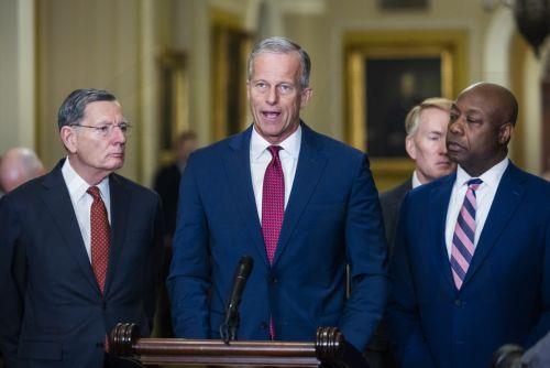 epa12793070 Republican Senate Majority Leader John Thune (C)  speaks before being briefed by Trump officials about the conflict in Iran about at the US Capitol in Washington, DC, USA, 03 March 2026. Iran is warning of an escalated conflict in response to a joint US-Israeli military campaign that began 28 February.  EPA/JIM LO SCALZO