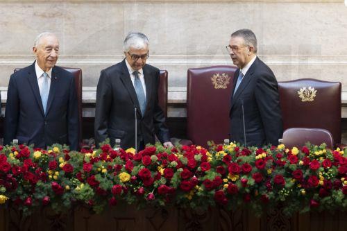 epa12805967 Current President Marcelo Rebelo de Sousa (L) is welcomed by Parliament President Jose Pedro Aguiar Branco (C) as he arrives for the swearing-in ceremony of elected Portuguese President Antonio Jose Seguro (R) in Lisbon, Portugal, 09 March 2026. Antonio Jose Seguro, former secretary-general of the Portuguese Socialist Party, was elected...