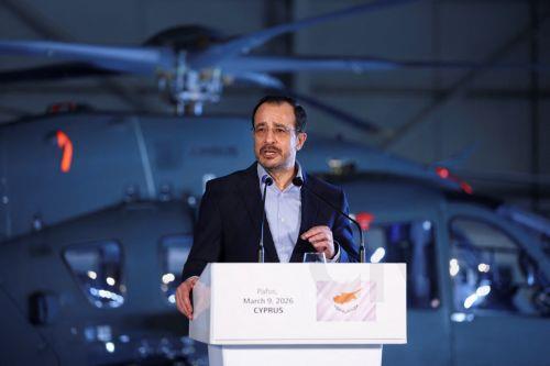 epa12806512 Cypriot President Nikos Christodoulides speaks during a joint press conference with the French president and the Greek prime minister at Paphos military airport, in Paphos, Cyprus, 09 March 2026, on the day of Macron's visit to show France's solidarity after recent drone attacks amid the U.S.-Israeli conflict with Iran, and aimed at reinforcing...