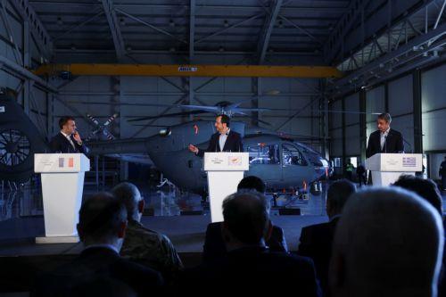 epa12806516 French President Emmanuel Macron (L), Cypriot President Nikos Christodoulides (C), and Greek Prime Minister Kyriakos Mitsotakis take part in a joint press conference at Paphos military airport, in Paphos, Cyprus, 09 March 2026, on the day of Macron's visit to show France's solidarity after recent drone attacks amid the U.S.-Israeli conflict with...