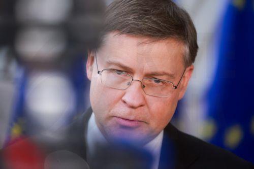 epa12807173 European Commissioner for Economy and Productivity Valdis Dombrovskis speaks to the media at a Eurogroup finance ministers meeting in Brussels, Belgium, 09 March 2026. Ministers were to discuss macroeconomic developments in the euro area, assess the Belgian draft budgetary plan for 2026, and discuss energy prices and the potential impact of...