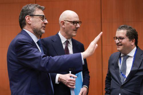 epa12807229 (L-R) Italian Economy and Finance Minister Giancarlo Giorgetti, French Finance Minister Roland Lescure, and Portuguese Finance Minister Joaquim Miranda Sarmento attend a Eurogroup finance ministers meeting in Brussels, Belgium, 09 March 2026. Ministers were to discuss macroeconomic developments in the euro area, assess the Belgian draft...