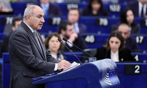epa12811414 Prime Minister of Armenia Nikol Pashinyan delivers a speech at the European Parliament in Strasbourg, France, 11 March 2026. The current plenary session runs from 09 to 12 March 2026.  EPA/RONALD WITTEK