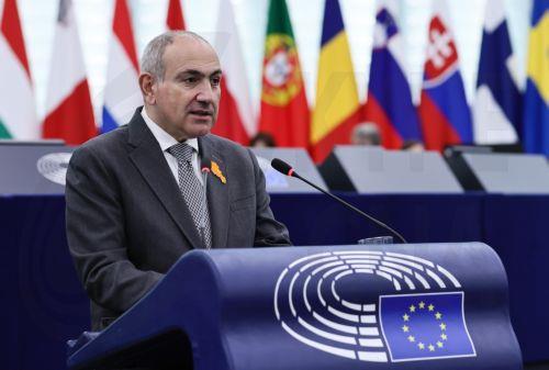 epa12811418 Prime Minister of Armenia Nikol Pashinyan delivers a speech at the European Parliament in Strasbourg, France, 11 March 2026. The current plenary session runs from 09 to 12 March 2026.  EPA/RONALD WITTEK