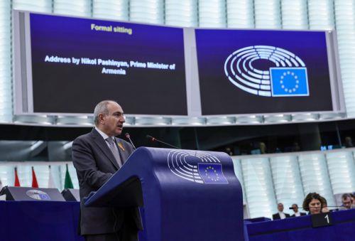 epa12811420 Prime Minister of Armenia Nikol Pashinyan delivers a speech at the European Parliament in Strasbourg, France, 11 March 2026. The current plenary session runs from 09 to 12 March 2026.  EPA/RONALD WITTEK