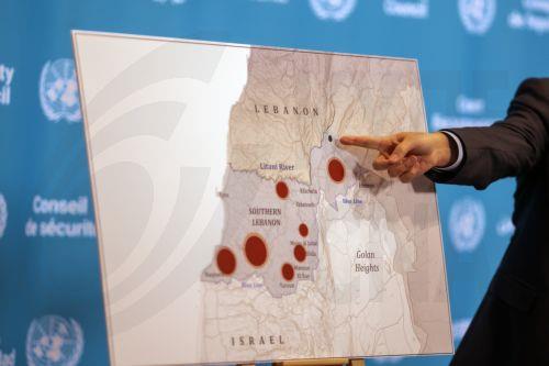 epa12811834 Israel's representative to the United Nations, Danny Danon (out of frame), points at a map of the Middle East during a press stakeout as part of a United Nations Security Council (UNSC) meeting called to address the ongoing conflict in the region, at the UN headquarters in New York, New York, USA, 11 March 2026.  EPA/OLGA FEDOROVA